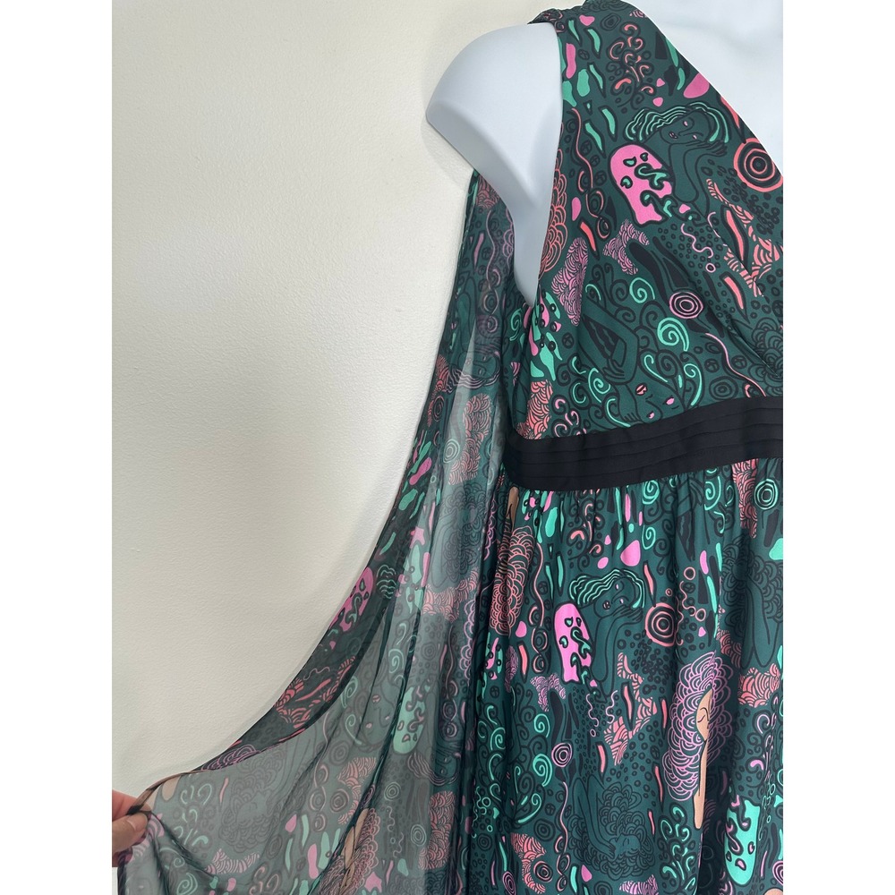 Unique Vintage Psychedelic Capelet Sleeveless Maxi Dress XL 14 Green Whimsigoth - Picture 9 of 13